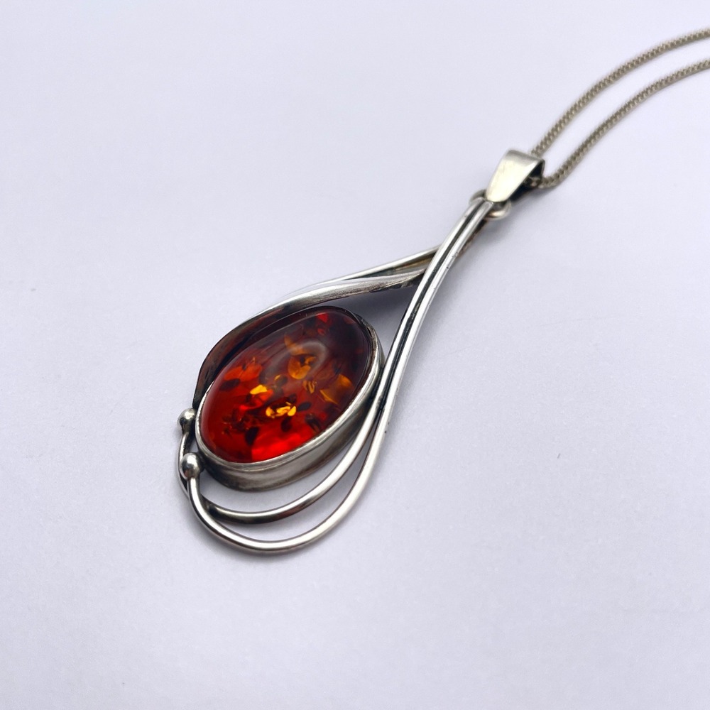 Nouveau Sterling Silver Cognac Amber Oval Pendant Necklace 20" Cable Chain - Picture 3 of 11